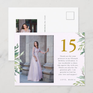 Greenery Two Photo Quinceanera Blush Thank You Postcard