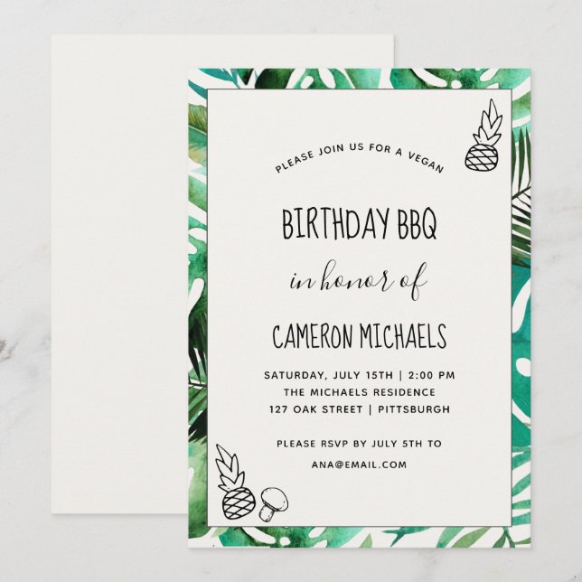 Greenery Vegan Birthday BBQ Watercolor Leaves Invitation (Front/Back)