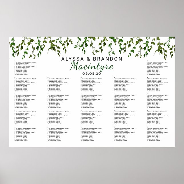 Greenery Vines Wedding Reception Seating Chart (Front)