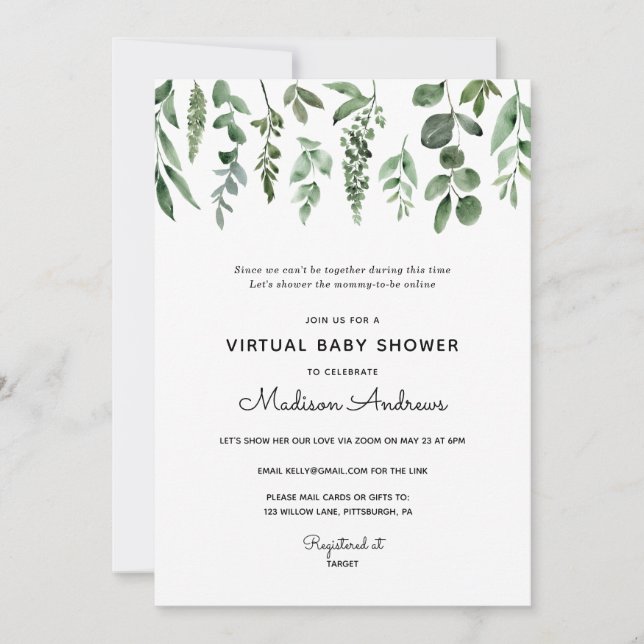 Greenery Virtual Baby Shower Invitation (Front)