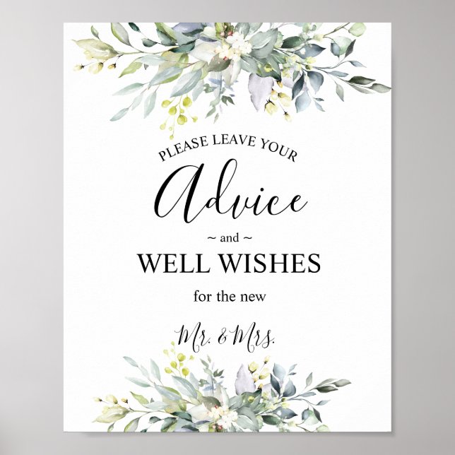  Greenery Watercolor Advice & Wishes Wedding Poster (Front)