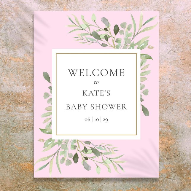 Greenery Watercolor Baby Girl Shower Welcome Sign (Greenery Watercolor Baby Girl Shower Welcome Sign)
