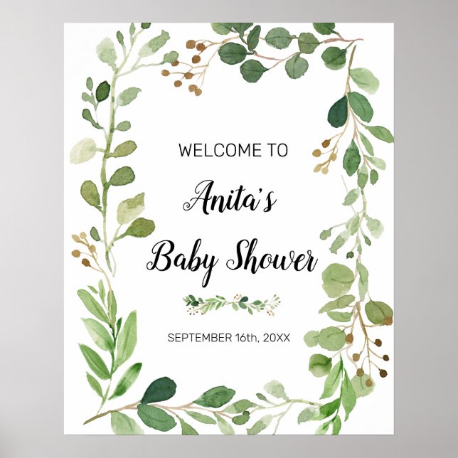Greenery Watercolor Baby Shower Welcome Sign (Front)