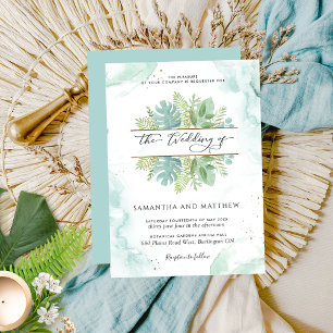 Greenery, Watercolor Blue and Green Wedding Invitation