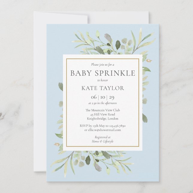 Greenery Watercolor Blue Baby Boy Sprinkle Invitation (Front)