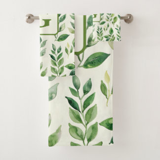 Greenery Watercolor Botanical Leaves monogram  Bath Towel Set