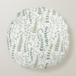 Greenery Watercolor Botanical Leaves Pattern Round Cushion