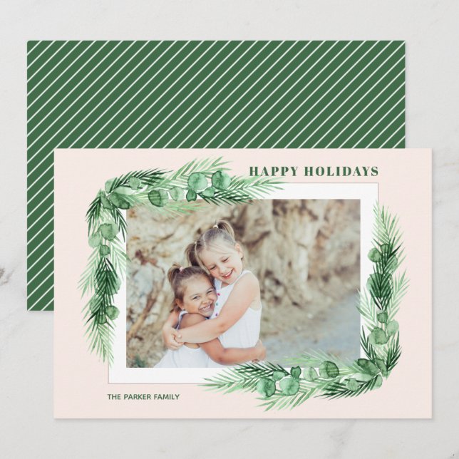 Greenery Watercolor Christmas Photo Holiday Card (Front/Back)