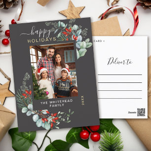 Greenery Watercolor Elegant Dark Grey Holiday Postcard