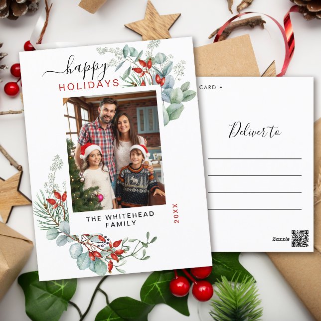 Greenery Watercolor Elegant Holiday Postcard (You will love these beautiful Christmas cards! They feature botanical watercolor pine and berries.)