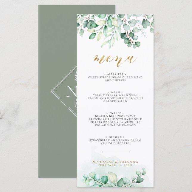 Greenery Watercolor Eucalyptus Gold Wedding Dinner Menu (Front/Back)