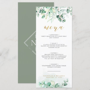 Greenery Watercolor Eucalyptus Gold Wedding Dinner Menu