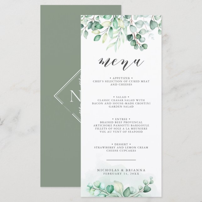 Greenery Watercolor Eucalyptus Wedding Dinner Menu (Front/Back)
