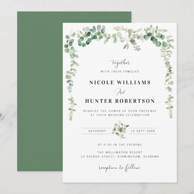 greenery watercolor eucalyptus wedding invitation (Front/Back)