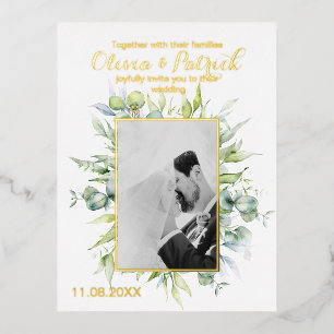 Greenery watercolor eucalyptus with photo  foil invitation postcard