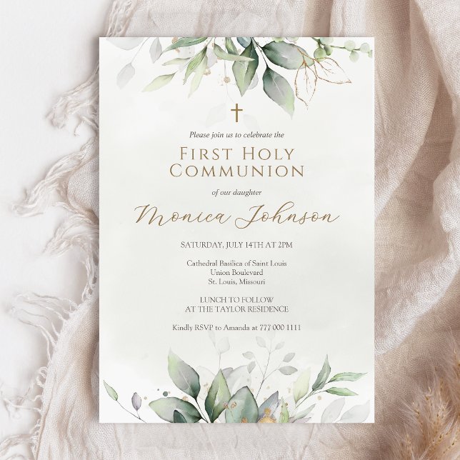 Greenery Watercolor First Holy Communion Invitation (Greenery Watercolor First Holy Communion Invitation Card)
