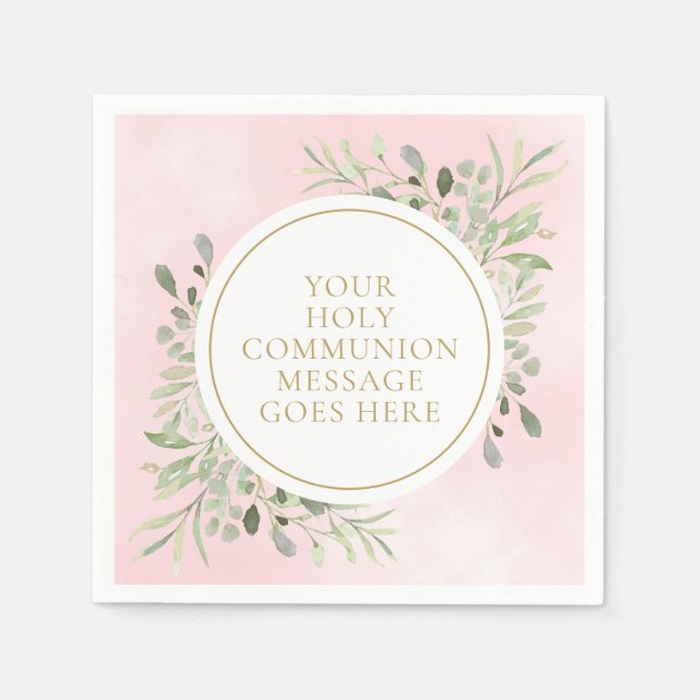 Greenery Watercolor Floral Pink Holy Communion Napkin (Front)