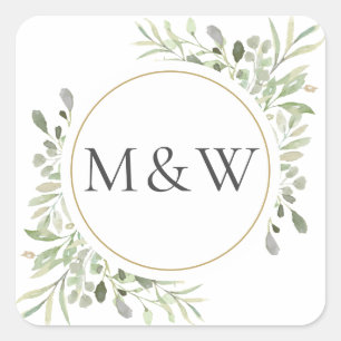 Greenery Watercolor Foliage Monogram Initials Square Sticker