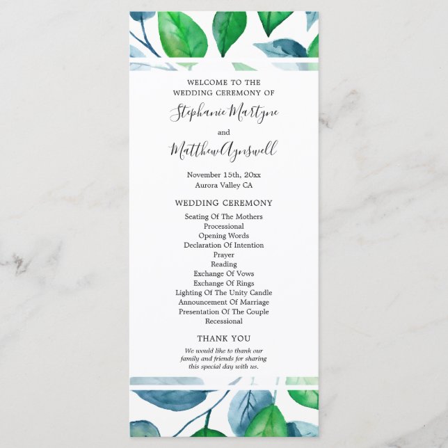 Greenery Watercolor Foliage Wedding Ceremony Programme (Front)