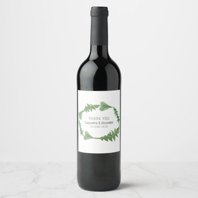 Greenery Watercolor Foliage Wedding Wine Label (Front)