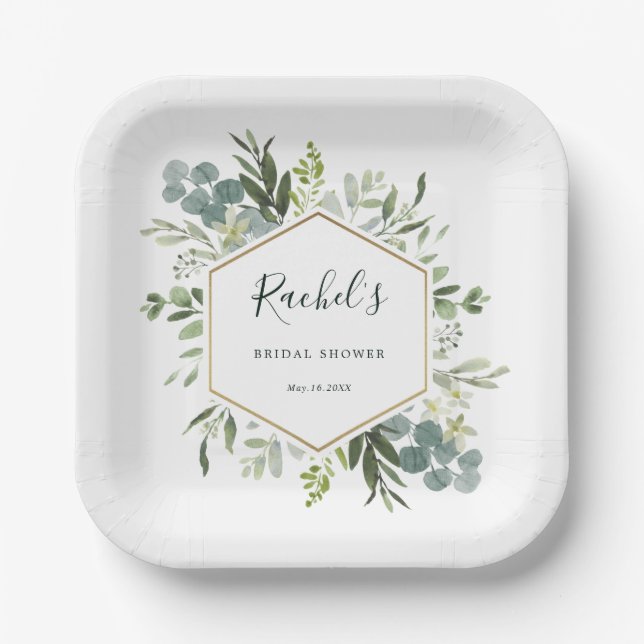 Greenery Watercolor Gold Hexagon Bridal Shower Paper Plate (Front)