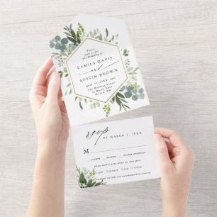 Greenery Watercolor Gold Hexagon Wedding All In One Invitation
