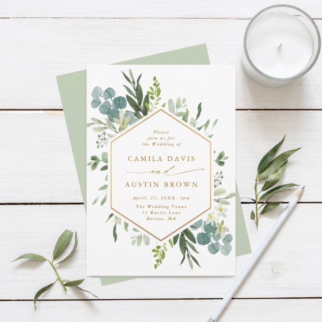 Greenery Watercolor Gold Hexagon Wedding  Invitation (Creator Uploaded)