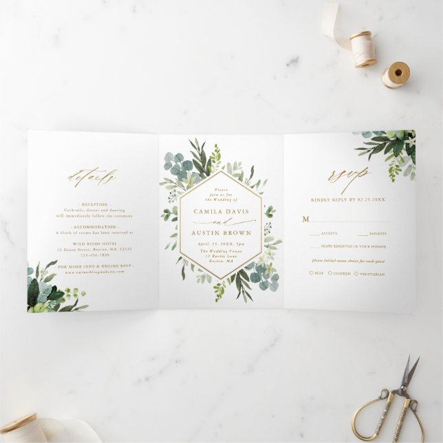 Greenery Watercolor Gold Script Wedding Photo  Tri-Fold Invitation (Inside)