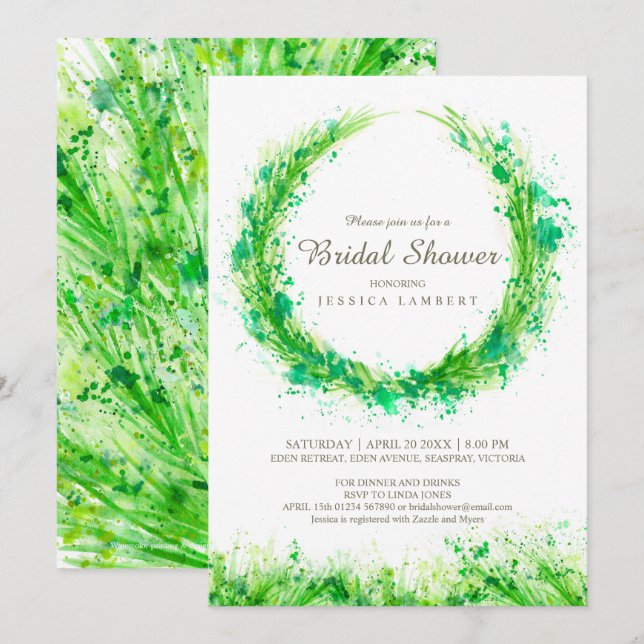 Greenery watercolor grass bridal shower invites (Front/Back)