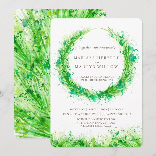 Greenery watercolor grass wedding invitations (Front/Back)