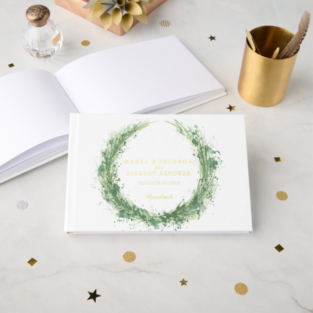 Greenery watercolor grass wedding sage green guest book (Front Open)