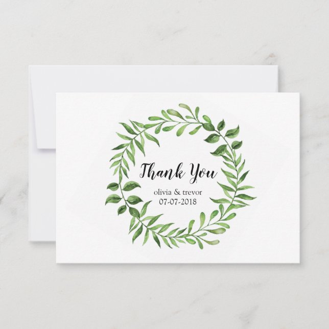 Greenery Watercolor Green Wreath Botanical Wedding Thank You Card (Front)