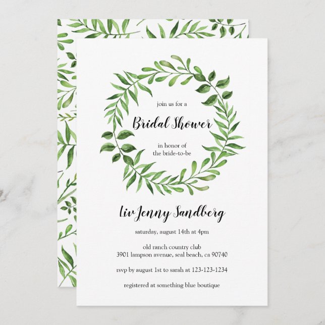 Greenery Watercolor Green Wreath Bridal Shower Invitation (Front/Back)