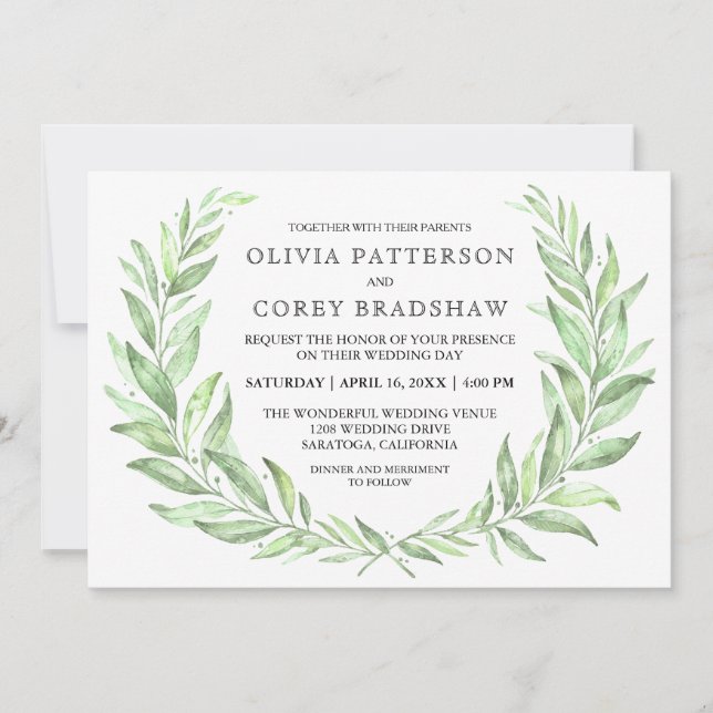 Greenery Watercolor Laurel Wreath Wedding Invitation (Front)