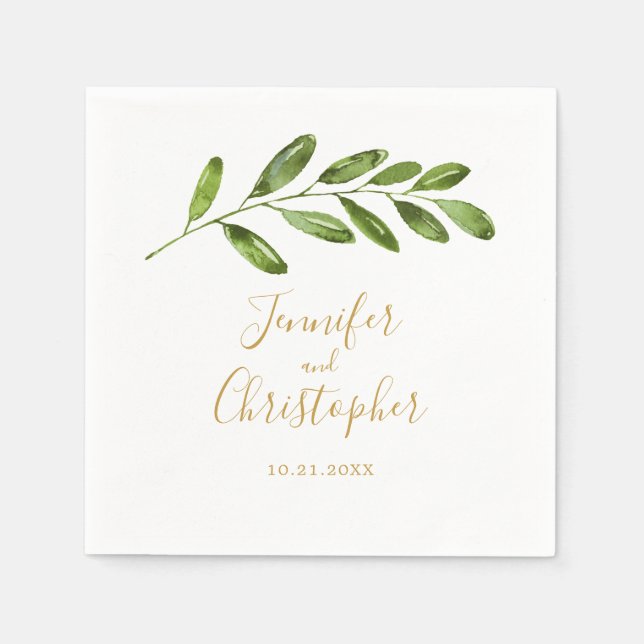 Greenery Watercolor Leaf Modern Wedding Napkin (Front)