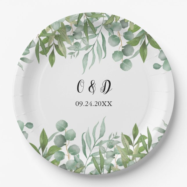 Greenery Watercolor Leaf Wedding Paper Plates (Front)