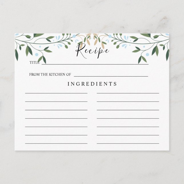 Greenery Watercolor, Leaf Wedding Recipe Card (Front)