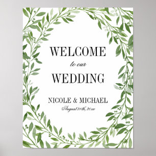 Greenery Watercolor Leaf Wreath Wedding Welcome Poster