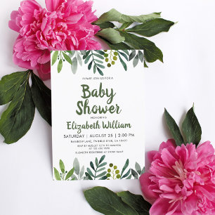 Greenery Watercolor Leaves Botanical Baby Shower Invitation