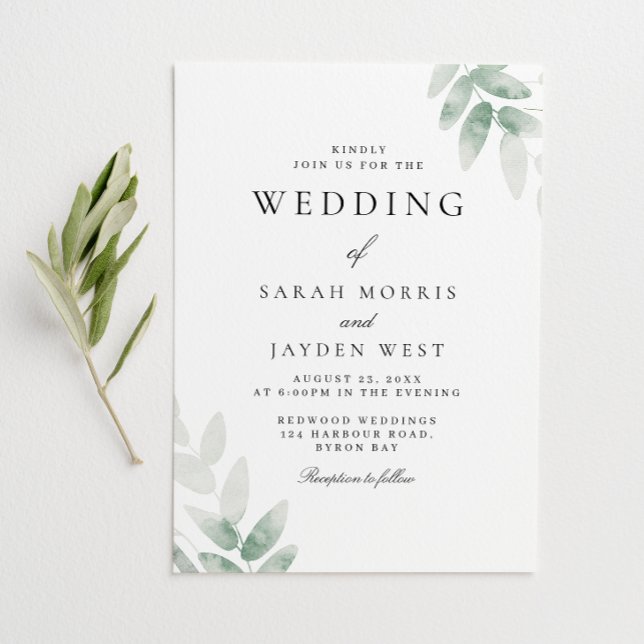 Greenery Watercolor Leaves Elegant Wedding Invitation (Creator Uploaded)