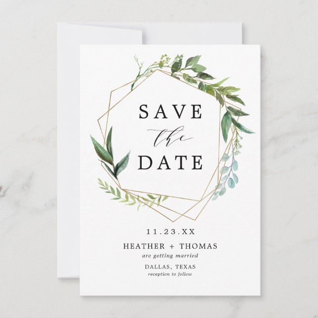 Greenery Watercolor Leaves Rustic Save The Date (Front)