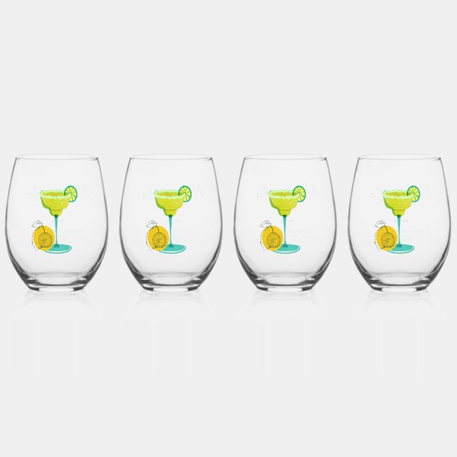 Greenery Watercolor Margarita Lime Bridal Shower Stemless Wine Glass (Front)