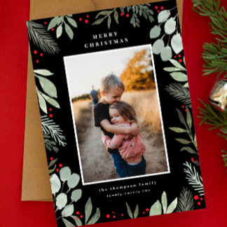 Greenery Watercolor Merry Christmas Photo Card
