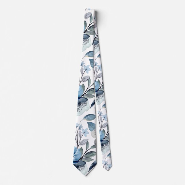 Greenery Watercolor Navy Blue Floral Patten Tie (Front)