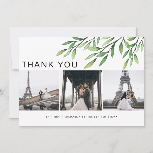  Greenery Watercolor Photo Elegant Thank You Card (Front)