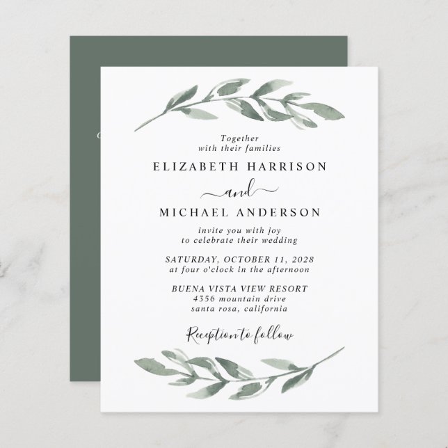 Greenery Watercolor QR Code Wedding Invitation (Front/Back)