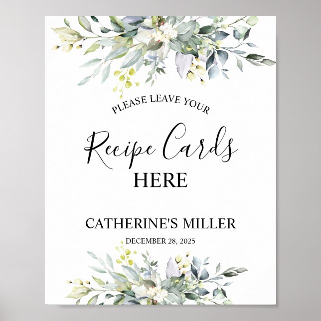  Greenery Watercolor Recipe Cards Bridal Shower Poster (Front)