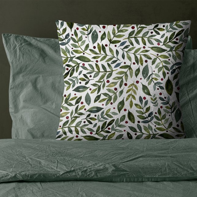 Greenery watercolor seasonal branches and berries cushion (Creator Uploaded)