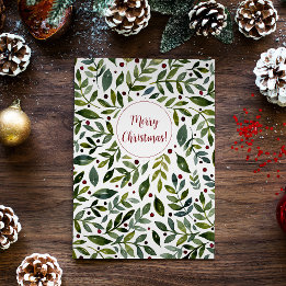 Greenery watercolor seasonal branches and berries holiday card
