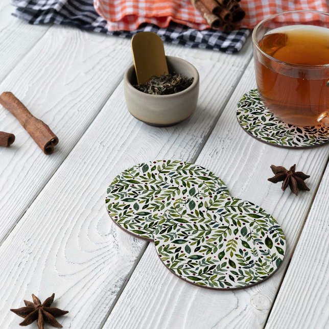 Greenery watercolor seasonal branches and berries round paper coaster (Creator Uploaded)